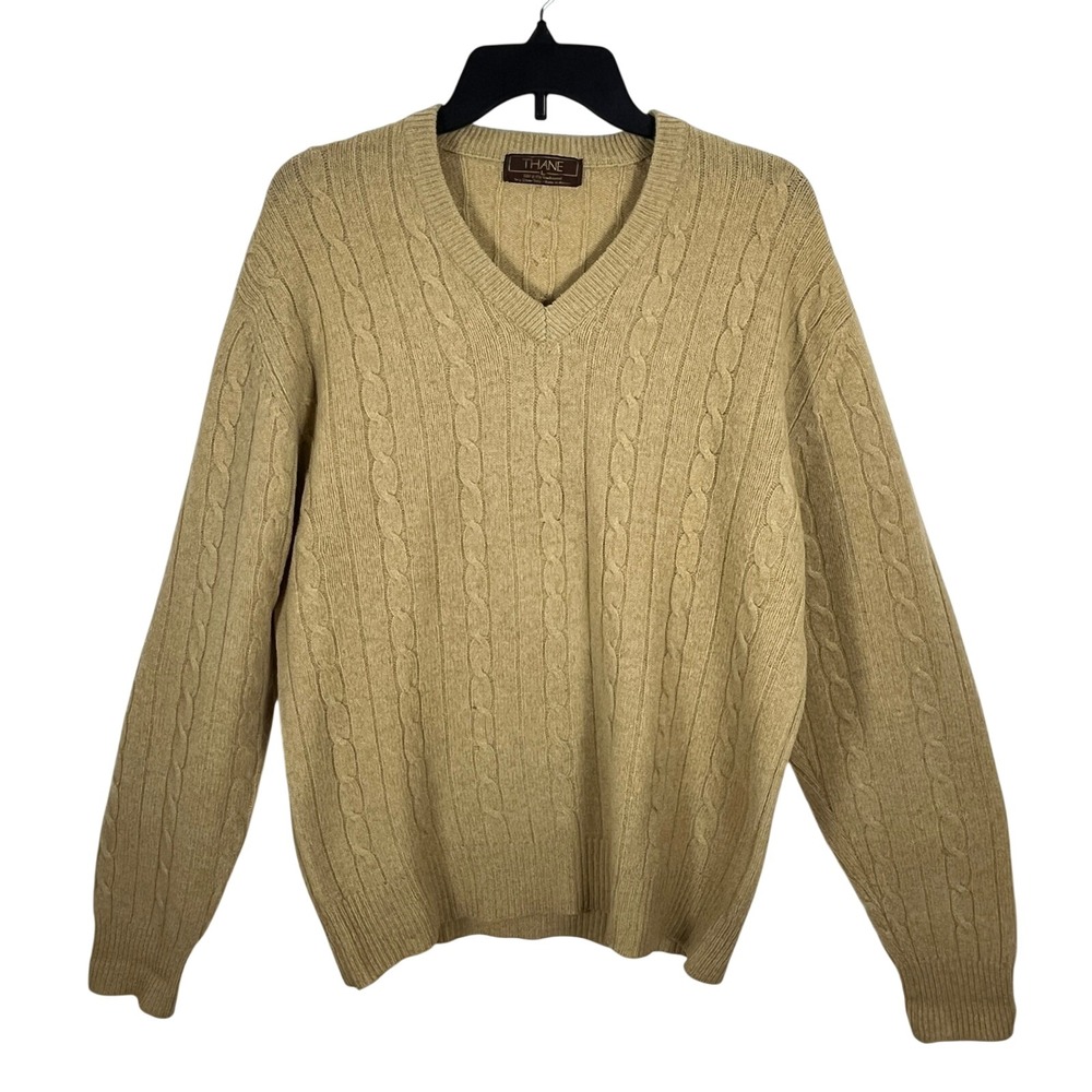 Vintage Thane Mens Tan 100% Lambswool Cable Knit Sweater Large 80's Preppy Warm